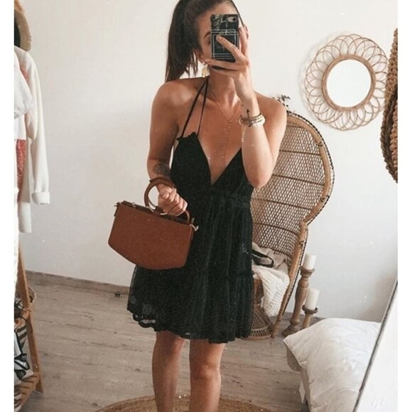 Tie back halter mini dress backless lace layered polkadot boho white - Picture 3 of 8